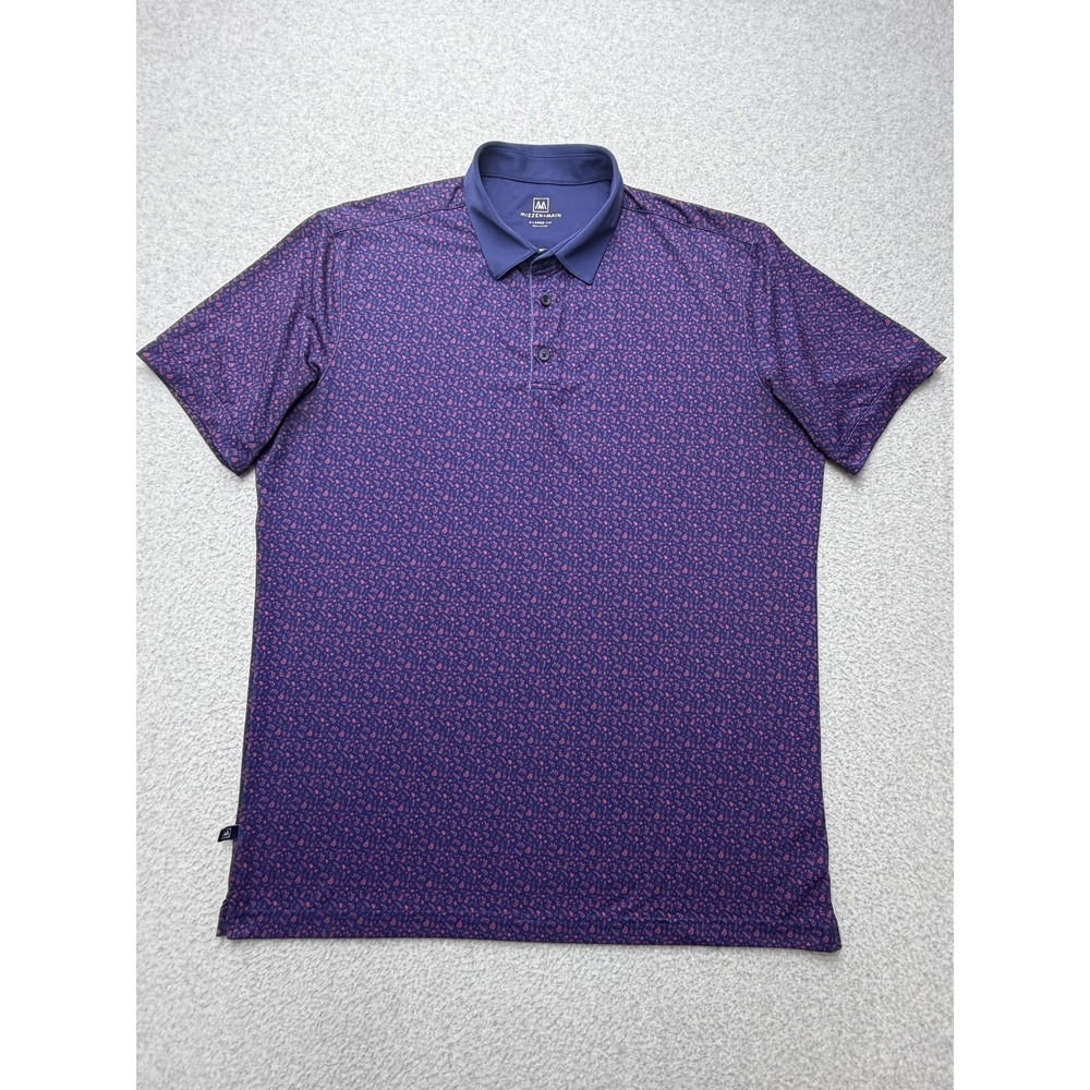 Mizzen+Main Polo Shirt Mens XL Blue Floral Golf Performance Stretch Trim Fit